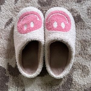 pink and white smiley face preppy slippers